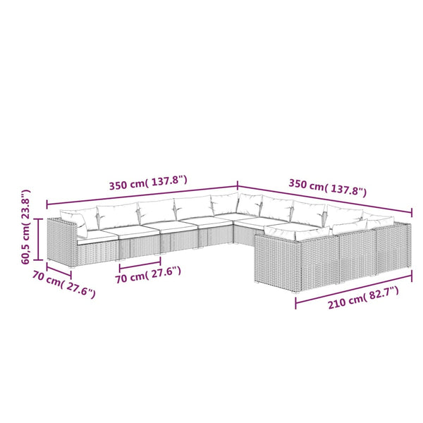 11-tlg. Garten-Lounge-Set mit Kissen Poly Rattan Grau