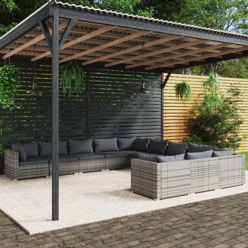 11-tlg. Garten-Lounge-Set mit Kissen Poly Rattan Grau