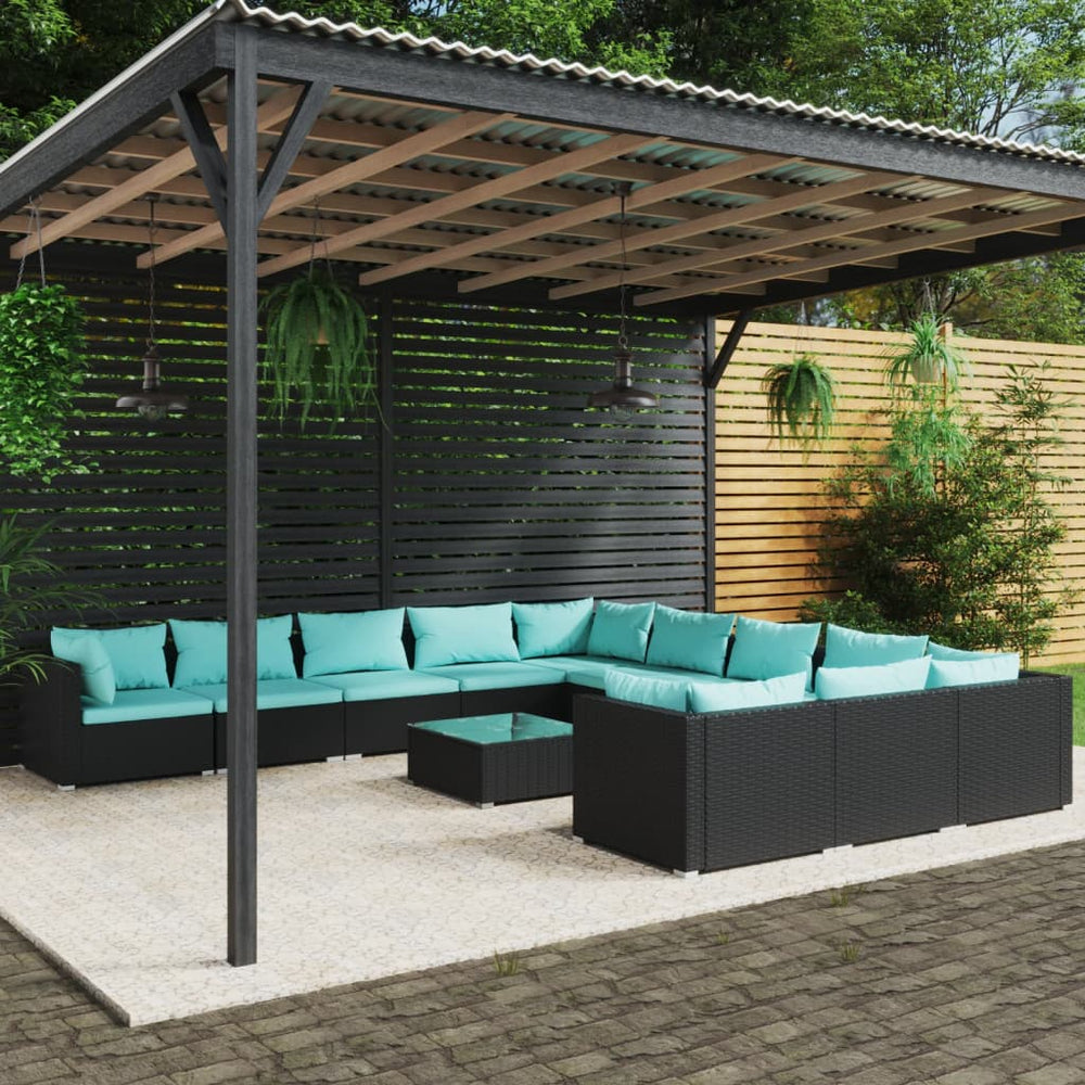 12-tlg. Garten-Lounge-Set mit Kissen Poly Rattan Schwarz