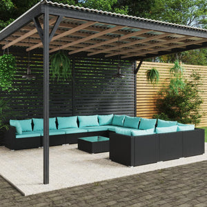 12-tlg. Garten-Lounge-Set mit Kissen Poly Rattan Schwarz