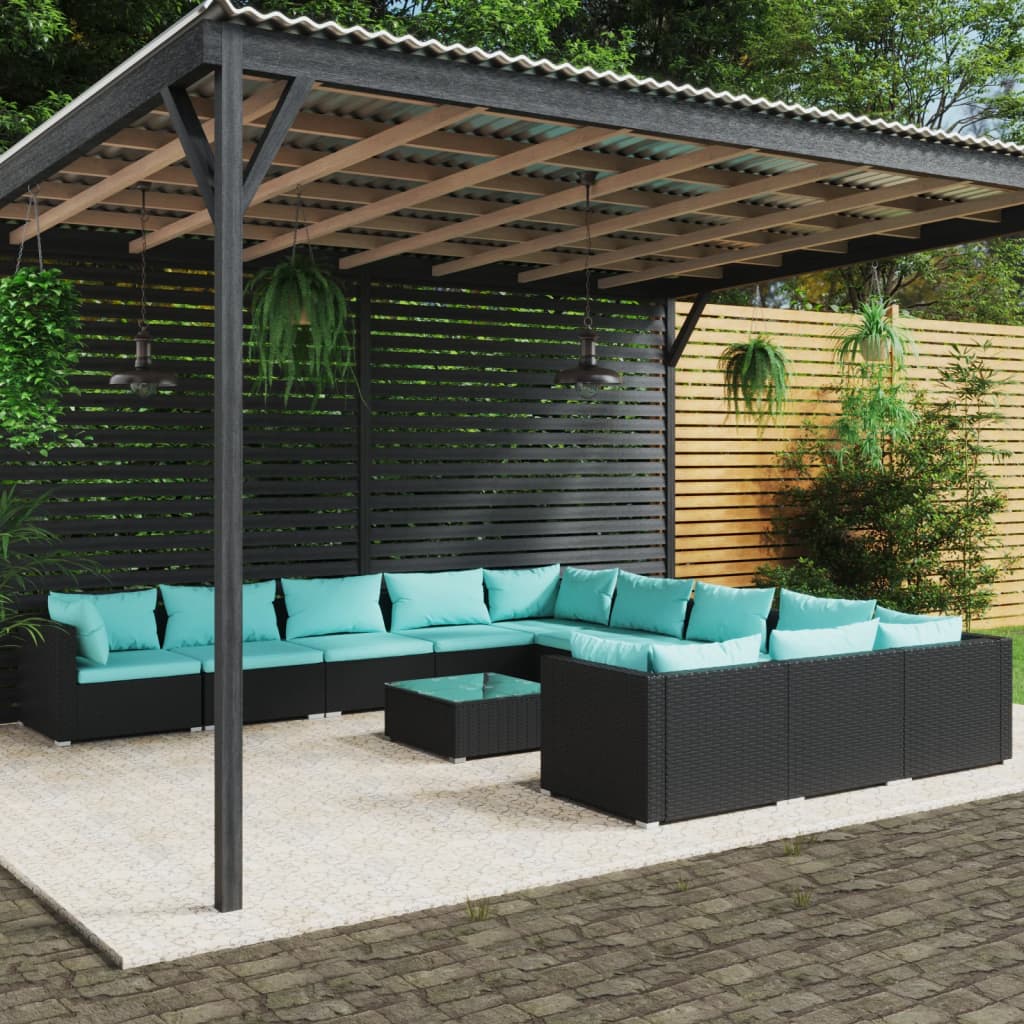 12-tlg. Garten-Lounge-Set mit Kissen Poly Rattan Schwarz