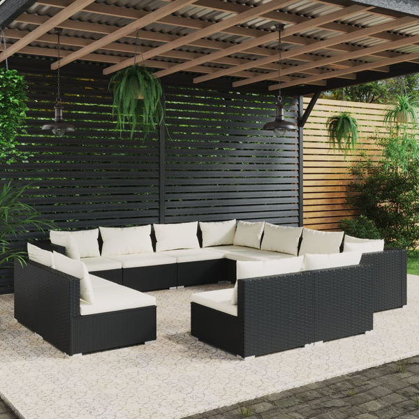 11-tlg. Garten-Lounge-Set mit Kissen Schwarz Poly Rattan