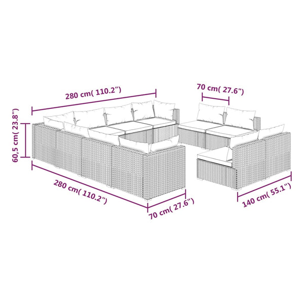 11-tlg. Garten-Lounge-Set mit Kissen Schwarz Poly Rattan