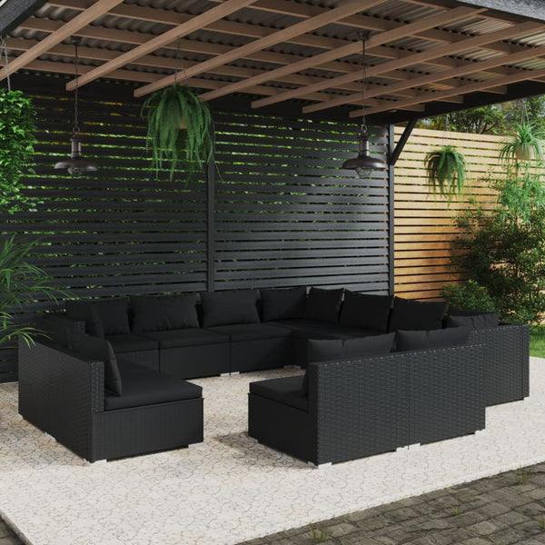 11-tlg. Garten-Lounge-Set mit Kissen Schwarz Poly Rattan