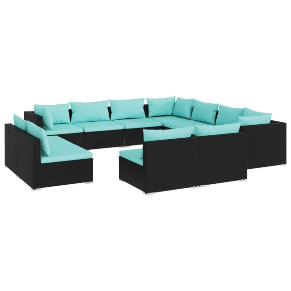 11-tlg. Garten-Lounge-Set mit Kissen Schwarz Poly Rattan