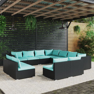 11-tlg. Garten-Lounge-Set mit Kissen Schwarz Poly Rattan