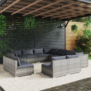 11-tlg. Garten-Lounge-Set mit Kissen Grau Poly Rattan