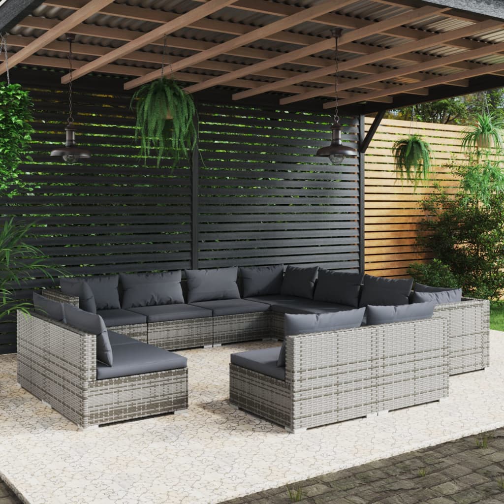 11-tlg. Garten-Lounge-Set mit Kissen Grau Poly Rattan