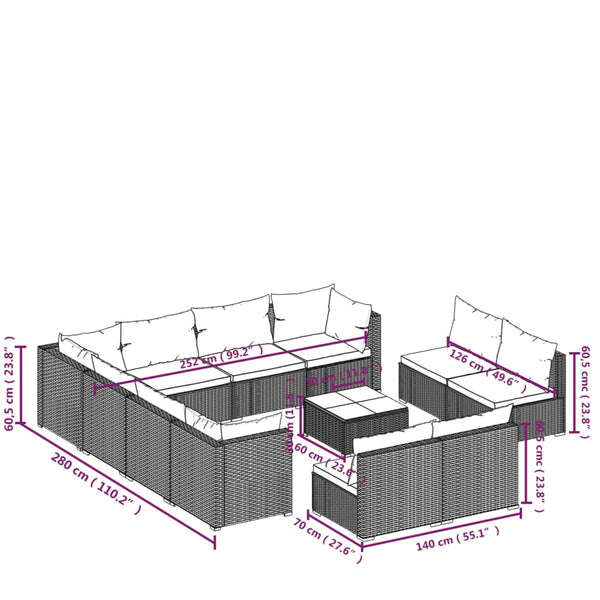 12-tlg. Garten-Lounge-Set mit Kissen Braun Poly Rattan