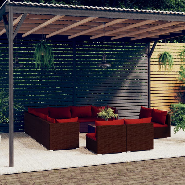 12-tlg. Garten-Lounge-Set mit Kissen Braun Poly Rattan