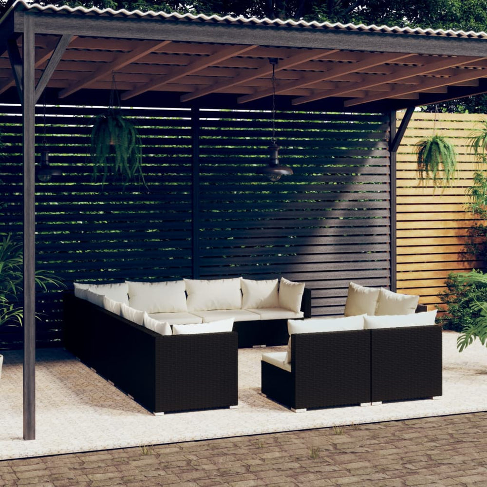 12-tlg. Garten-Lounge-Set mit Kissen Schwarz Poly Rattan