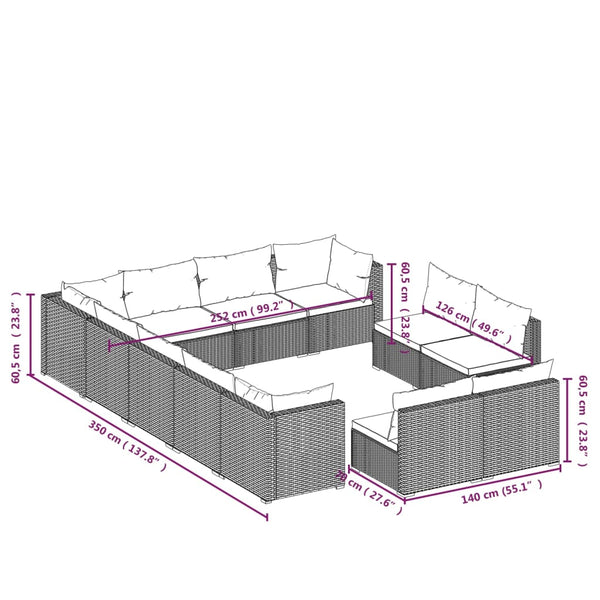 12-tlg. Garten-Lounge-Set mit Kissen Schwarz Poly Rattan
