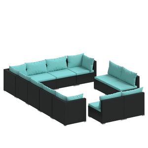 12-tlg. Garten-Lounge-Set mit Kissen Schwarz Poly Rattan