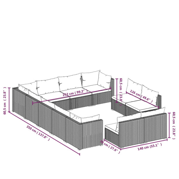 12-tlg. Garten-Lounge-Set mit Kissen Schwarz Poly Rattan