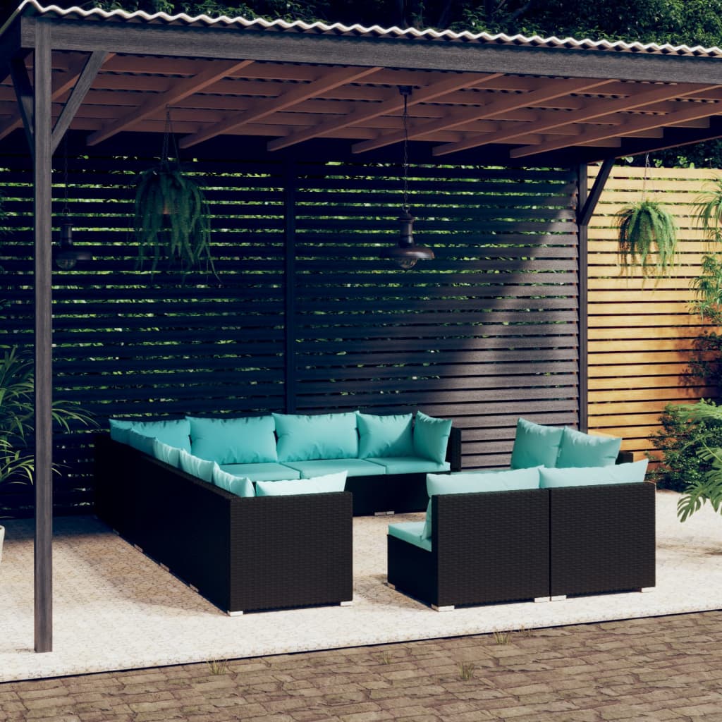 12-tlg. Garten-Lounge-Set mit Kissen Schwarz Poly Rattan