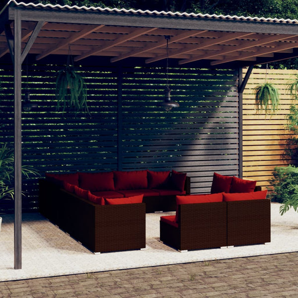 12-tlg. Garten-Lounge-Set mit Kissen Braun Poly Rattan