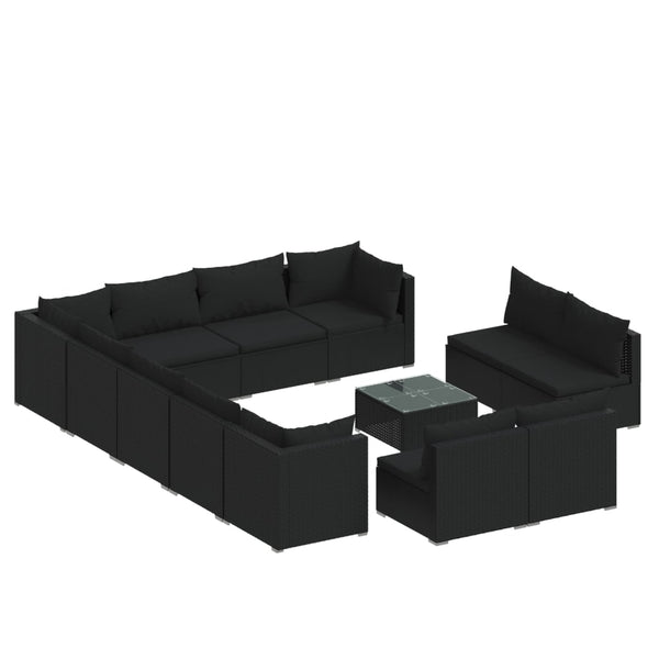 13-tlg. Garten-Lounge-Set mit Kissen Schwarz Poly Rattan