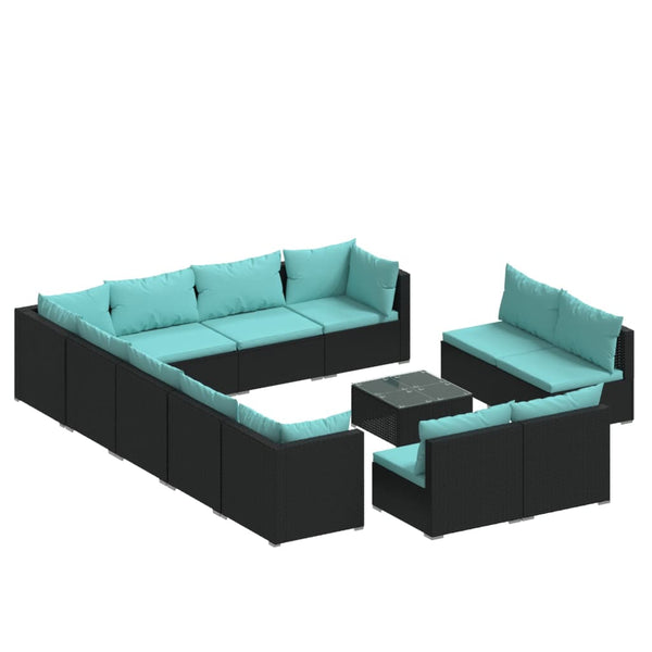 13-tlg. Garten-Lounge-Set mit Kissen Schwarz Poly Rattan