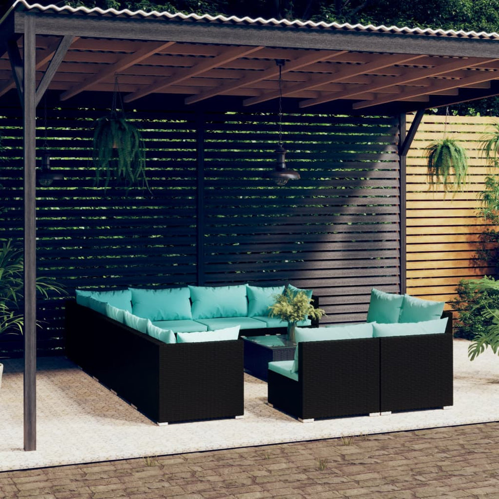 13-tlg. Garten-Lounge-Set mit Kissen Schwarz Poly Rattan