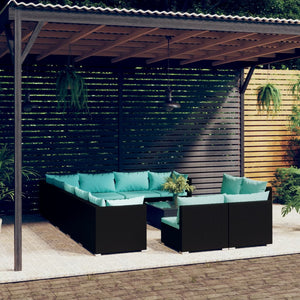 13-tlg. Garten-Lounge-Set mit Kissen Schwarz Poly Rattan