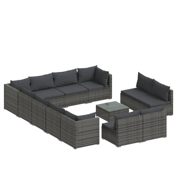 13-tlg. Garten-Lounge-Set mit Kissen Grau Poly Rattan