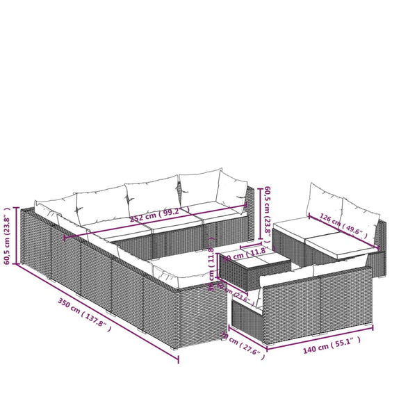 13-tlg. Garten-Lounge-Set mit Kissen Grau Poly Rattan