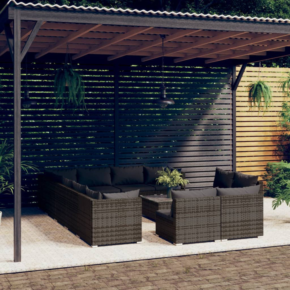 13-tlg. Garten-Lounge-Set mit Kissen Grau Poly Rattan