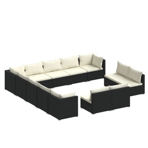13-tlg. Garten-Lounge-Set mit Kissen Schwarz Poly Rattan