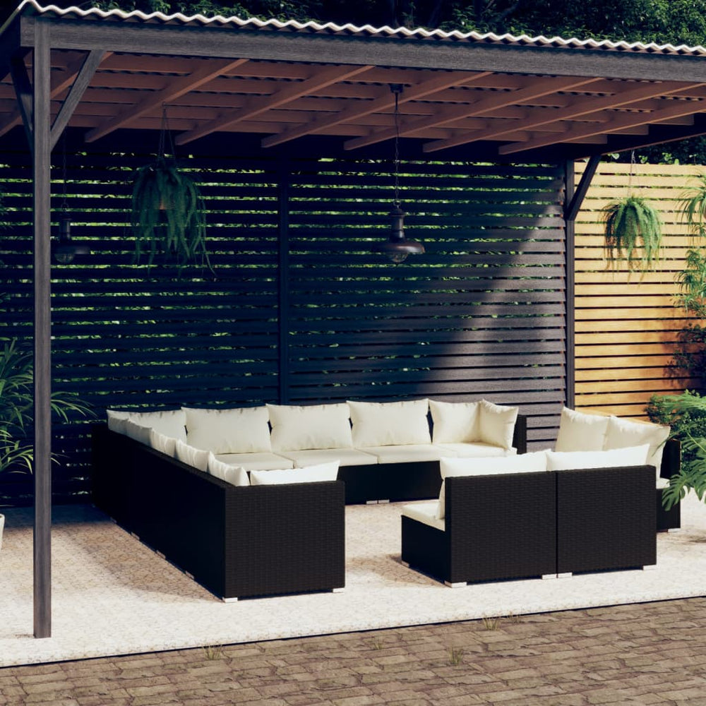 13-tlg. Garten-Lounge-Set mit Kissen Schwarz Poly Rattan