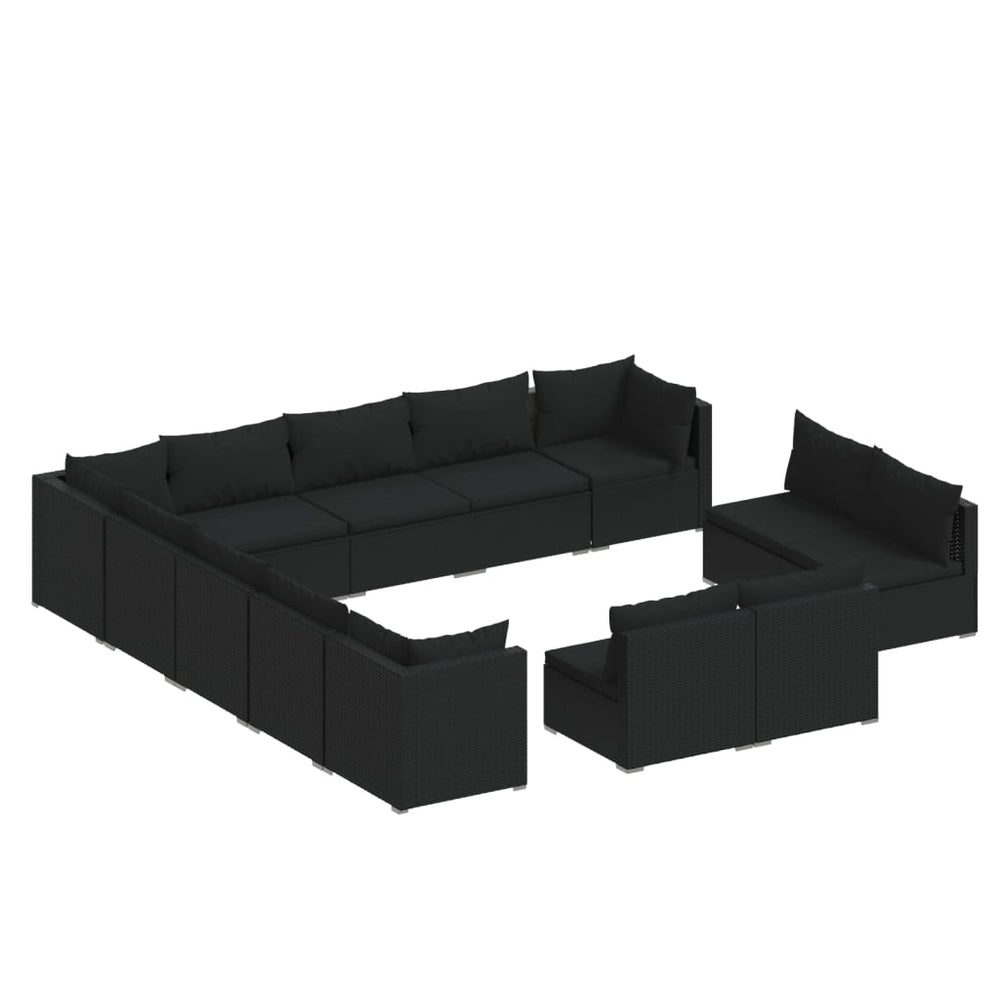13-tlg. Garten-Lounge-Set mit Kissen Schwarz Poly Rattan