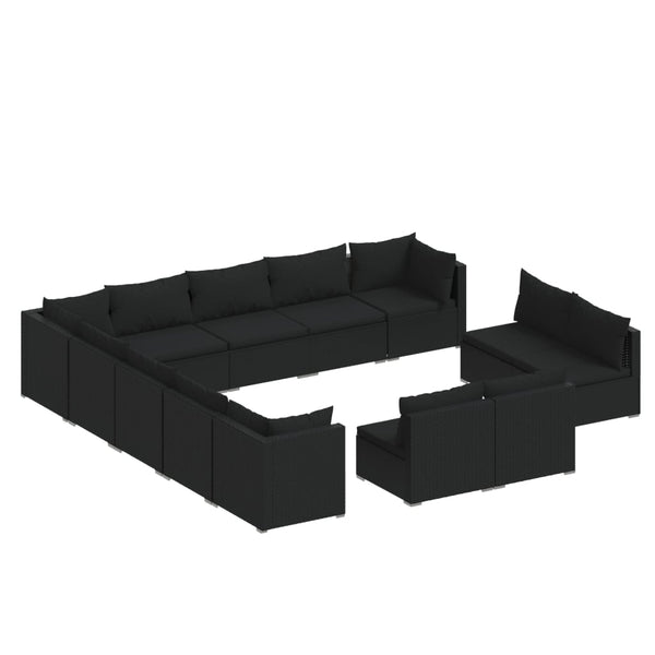 13-tlg. Garten-Lounge-Set mit Kissen Schwarz Poly Rattan