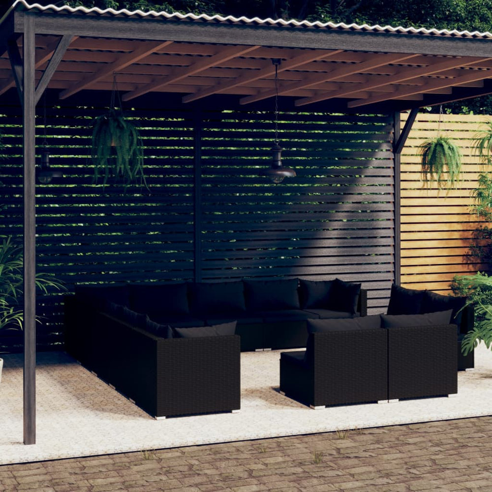 13-tlg. Garten-Lounge-Set mit Kissen Schwarz Poly Rattan
