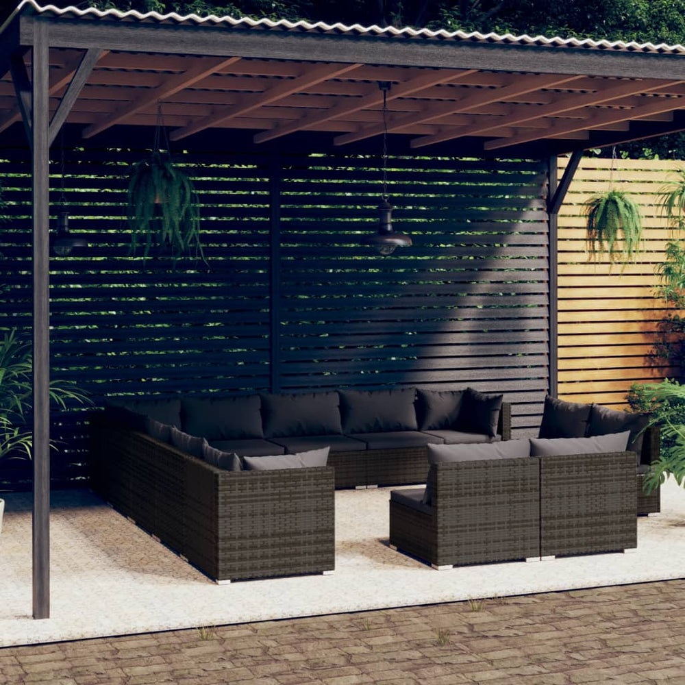 13-tlg. Garten-Lounge-Set mit Kissen Grau Poly Rattan
