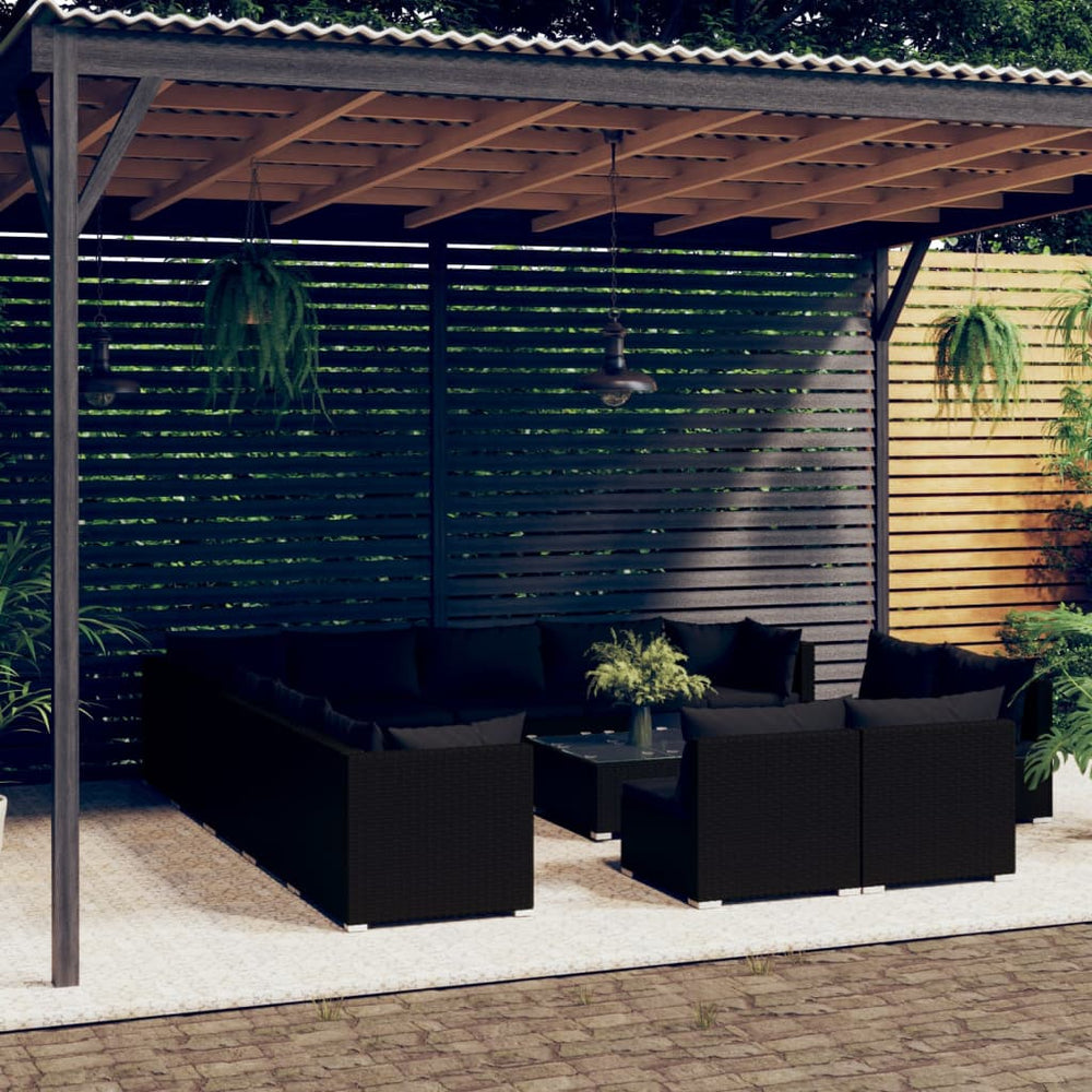 14-tlg. Garten-Lounge-Set mit Kissen Schwarz Poly Rattan