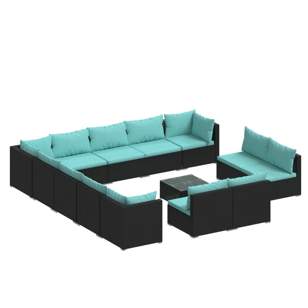 14-tlg. Garten-Lounge-Set mit Kissen Schwarz Poly Rattan
