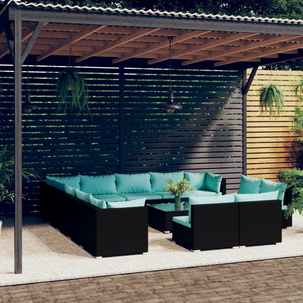 14-tlg. Garten-Lounge-Set mit Kissen Schwarz Poly Rattan