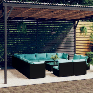 14-tlg. Garten-Lounge-Set mit Kissen Schwarz Poly Rattan