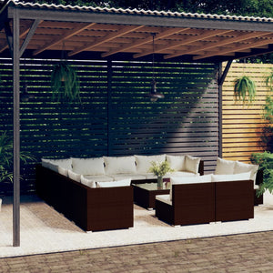 14-tlg. Garten-Lounge-Set mit Kissen Braun Poly Rattan