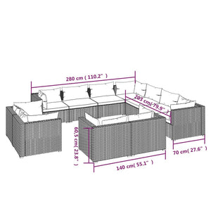 11-tlg. Garten-Lounge-Set mit Kissen Schwarz Poly Rattan