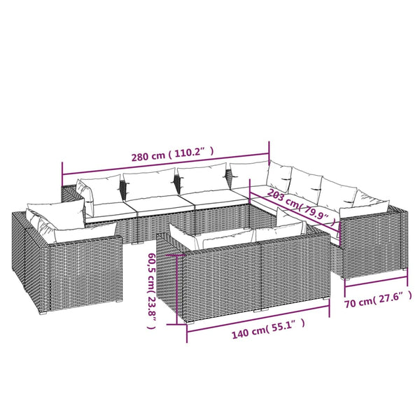 11-tlg. Garten-Lounge-Set mit Kissen Schwarz Poly Rattan