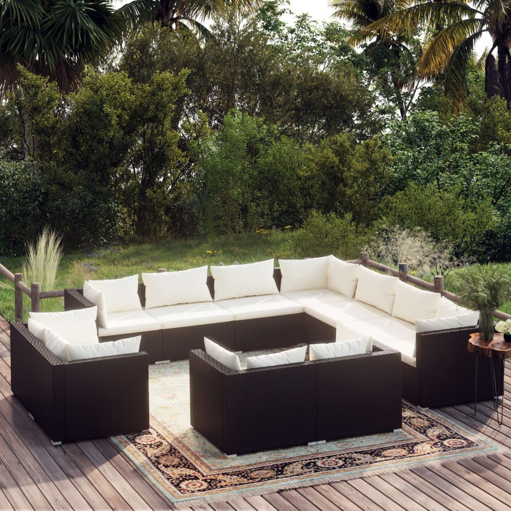 11-tlg. Garten-Lounge-Set mit Kissen Schwarz Poly Rattan