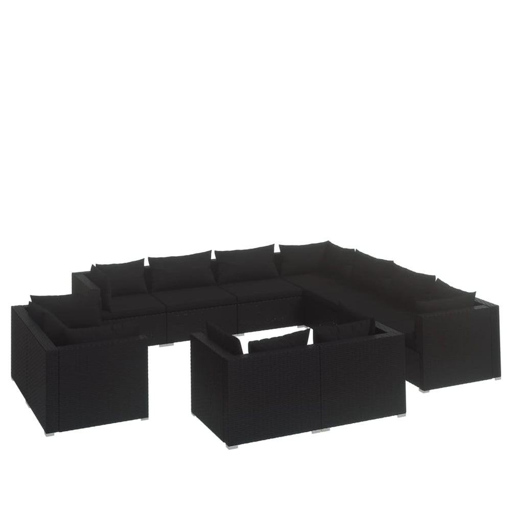 11-tlg. Garten-Lounge-Set mit Kissen Schwarz Poly Rattan