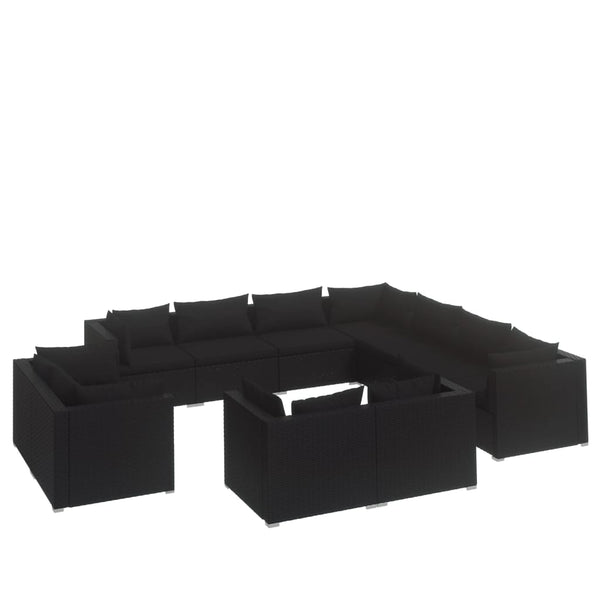11-tlg. Garten-Lounge-Set mit Kissen Schwarz Poly Rattan