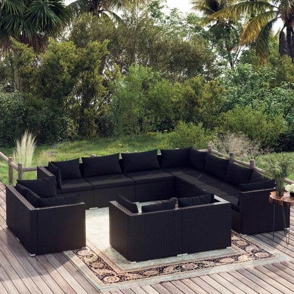 11-tlg. Garten-Lounge-Set mit Kissen Schwarz Poly Rattan