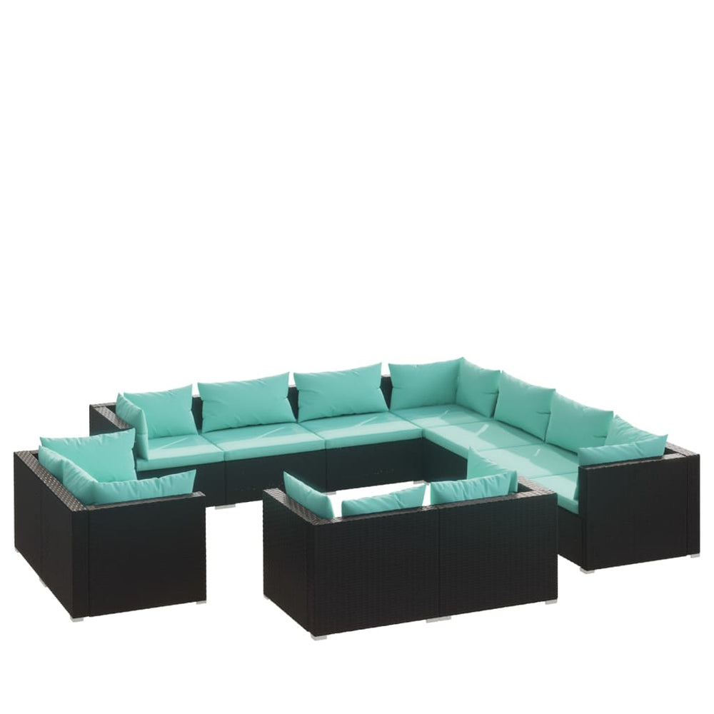 11-tlg. Garten-Lounge-Set mit Kissen Schwarz Poly Rattan