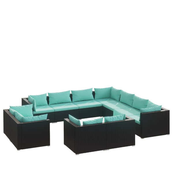 11-tlg. Garten-Lounge-Set mit Kissen Schwarz Poly Rattan