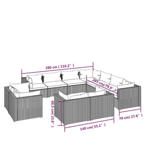11-tlg. Garten-Lounge-Set mit Kissen Schwarz Poly Rattan