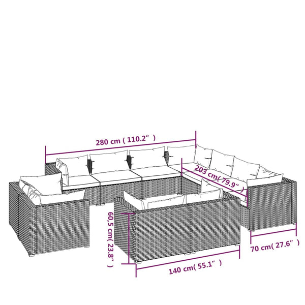 11-tlg. Garten-Lounge-Set mit Kissen Schwarz Poly Rattan