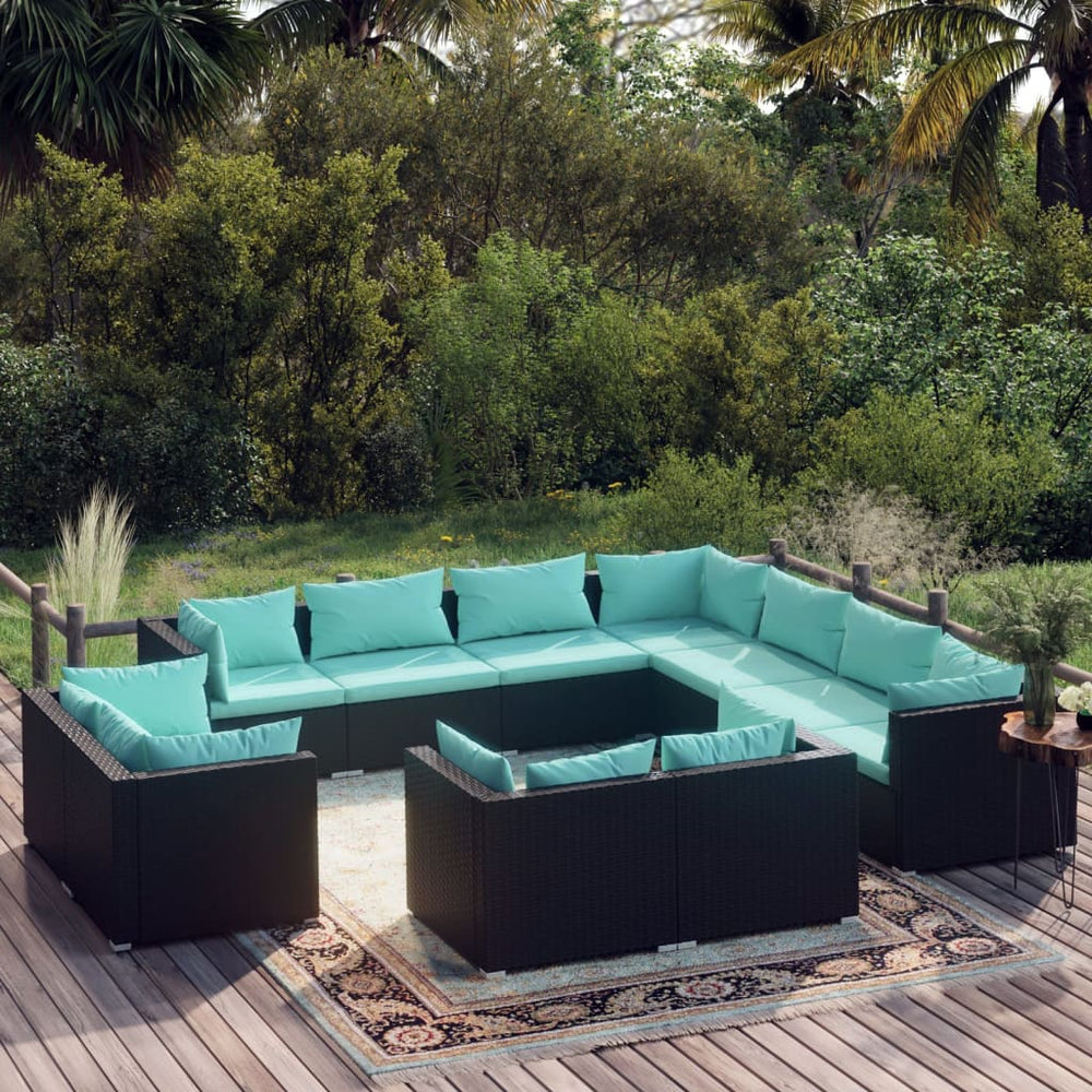 11-tlg. Garten-Lounge-Set mit Kissen Schwarz Poly Rattan