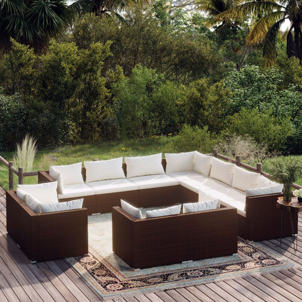 11-tlg. Garten-Lounge-Set mit Kissen Braun Poly Rattan